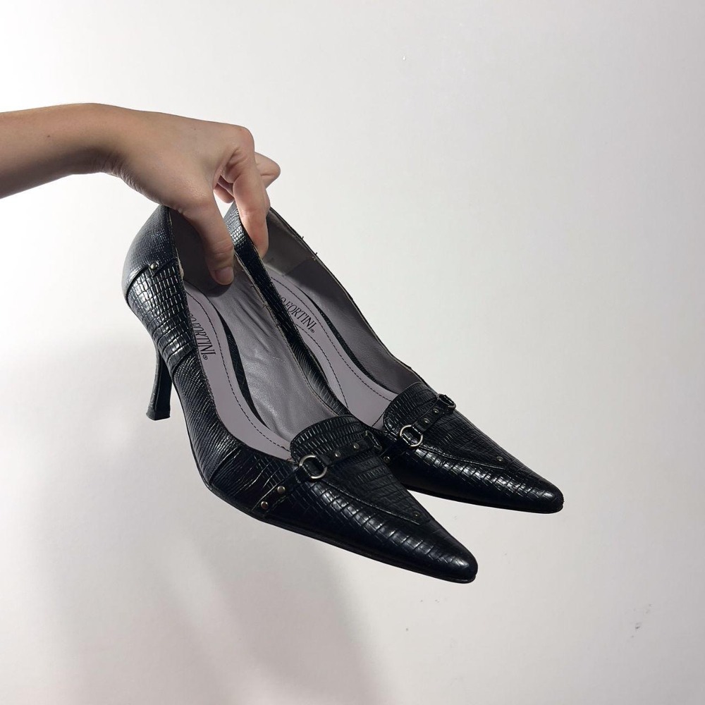 Vintage 90s Black Pointed Toe Stiletto Croc Heels Silver Studded Embellishments